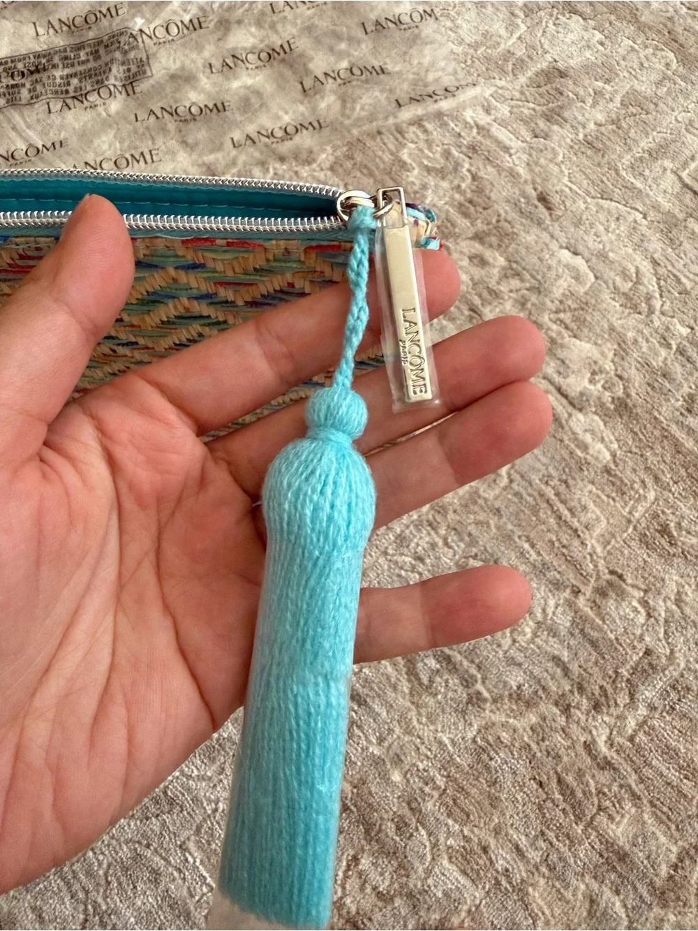 Lancôme Woven Raffia Style Clutch Pouch Turquoise Tassel Zip Bag New